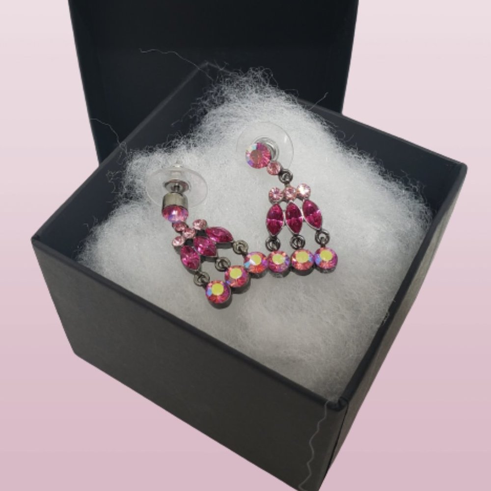 Vintage Givenchy 1" Pink Sparkling Dangle Drop Earrings in Gun Metal